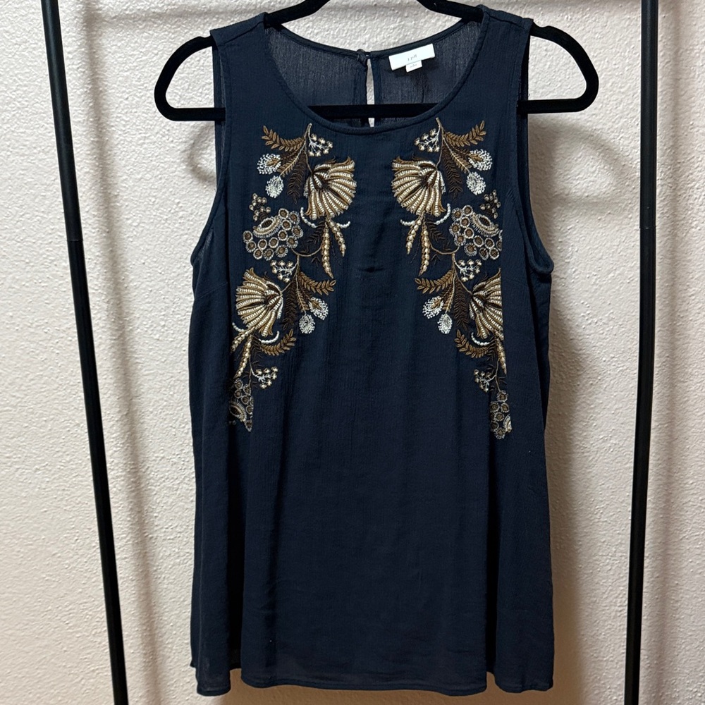 J. Jill Dark Blue Tank with Gold and White Embroidery